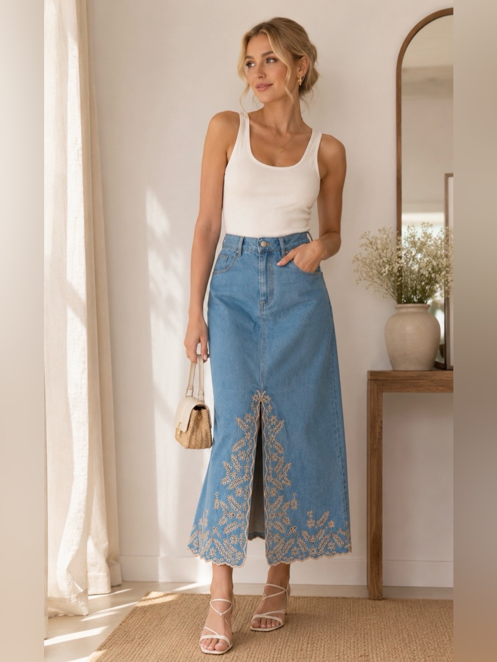 DRIFTWOOD Blue Denim Maxi Skirt with Cream Embroidery